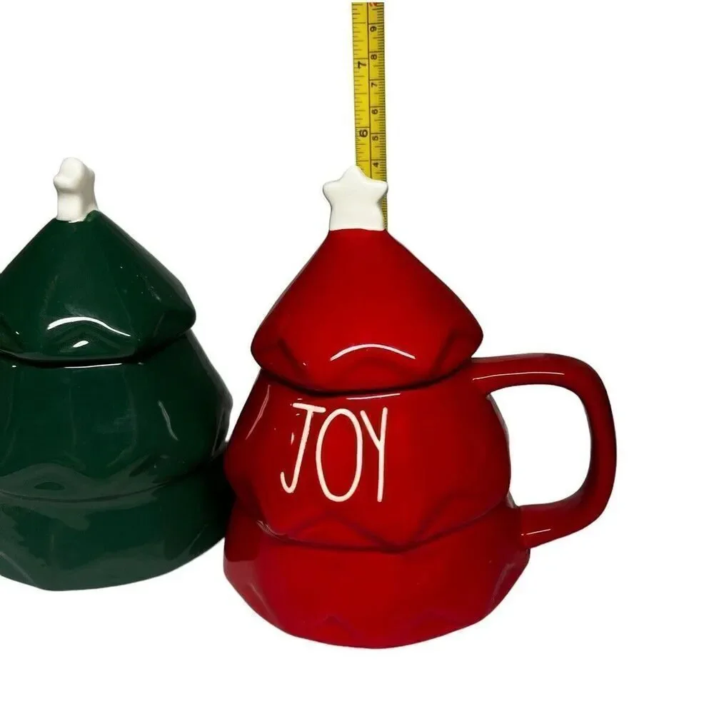 Rae Dunn JOY Red and Green Christmas Tree Mug With Tree Topper/Lid - Picture 7 of 8
